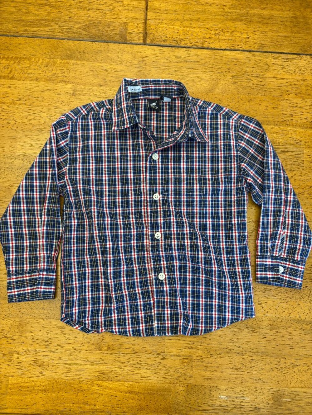 Nautica Boys Long Sleeve Button Down Shirt Plaid Navy Blue Red Preppy Church